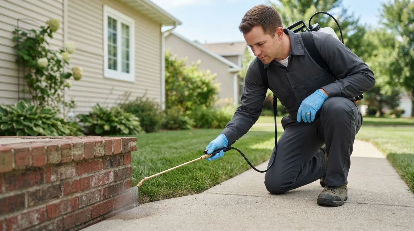 Pest control technician treating a home near Columbus, IN