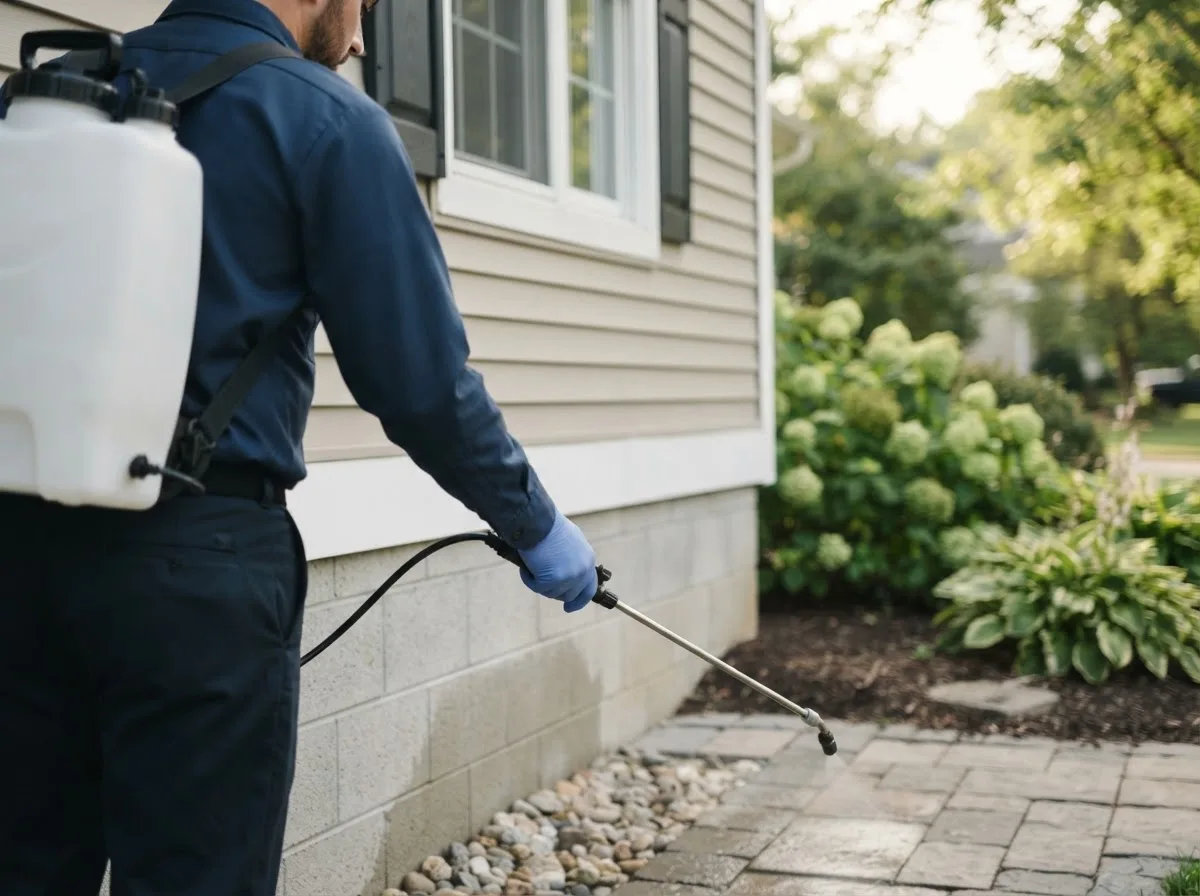 Pest control technician inspecting a home in Columbus, IN